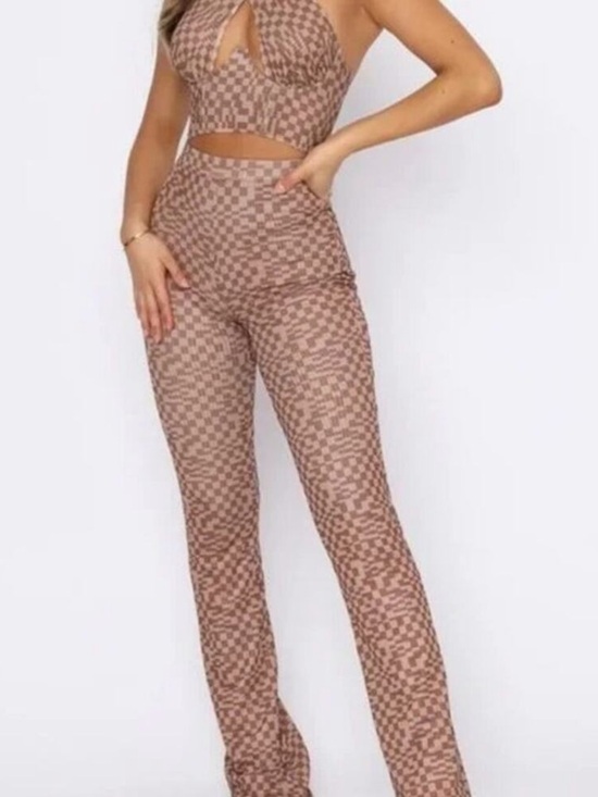 White Fox Boutique Tops - White Fox Small / Medium Brown Checkered Halter Crop Top Pants Set 2 Piece